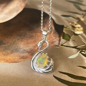 925 Sterling Silver Ethiopian Opal Swan Pendant with 925 silver chain “VIBES”